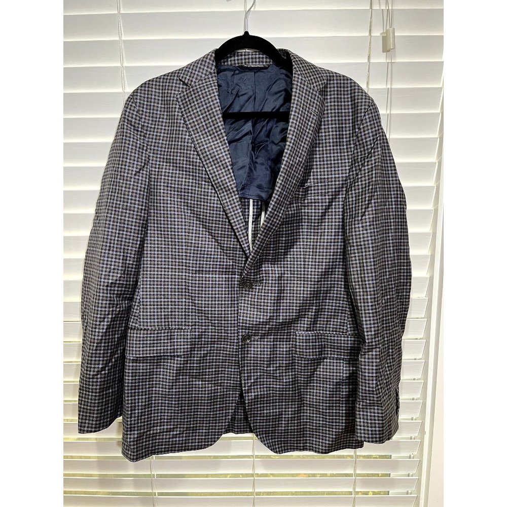 Sam Malouf Mens 40R Blazer Super 130s Italian Wool Gingham Sport Coat Blue Brown